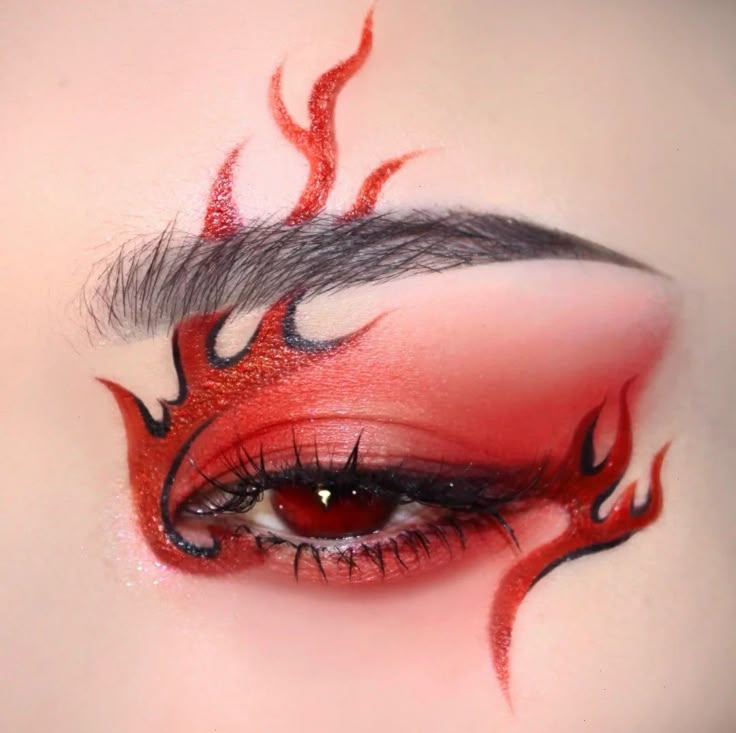 Battle Makeup, Fire Eye Makeup, Fire Inspired Makeup, Red Halloween Makeup, Flame Makeup, Fire Eyeshadow, Dragon Makeup, Car Makeup, Demon Makeup