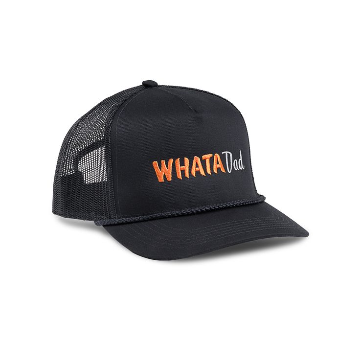 View front of Whataburger WhataDad Black Trucker Hat Black Adjustable Mesh Hat, Adjustable Black Mesh Hat, Black Mesh Hats For Outdoor Activities, Casual Black Mesh Baseball Cap, Casual Black Mesh Trucker Hat, Casual Black Hat With Mesh Back, Black Mesh Hat With Flat Brim, Casual Black Mesh Back Hat, Black Mesh Snapback Hat Casual