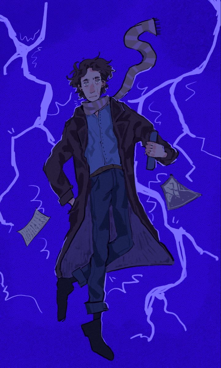 a drawing of a man standing in front of lightning