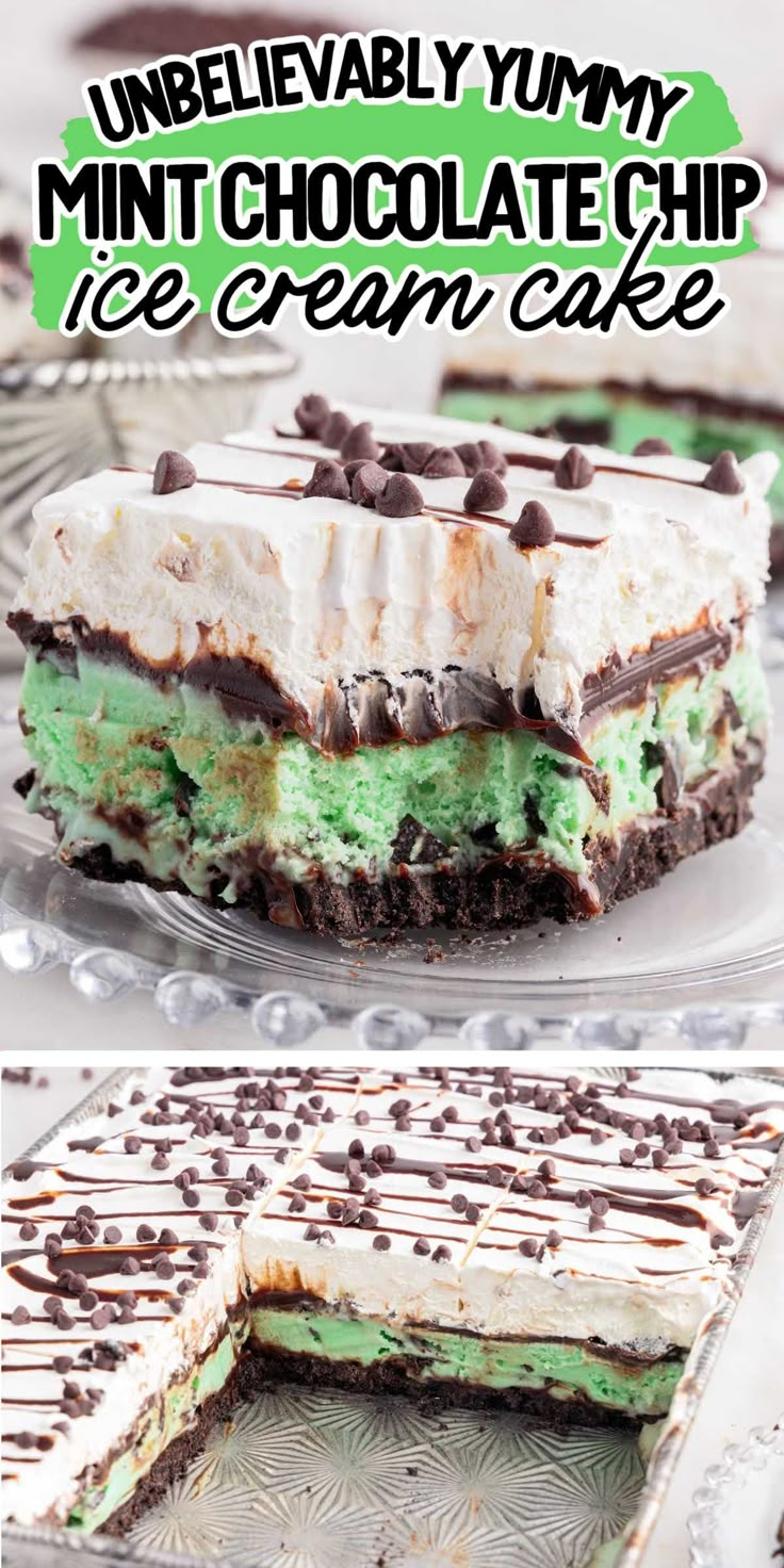 an ice cream cake with mint and chocolate toppings