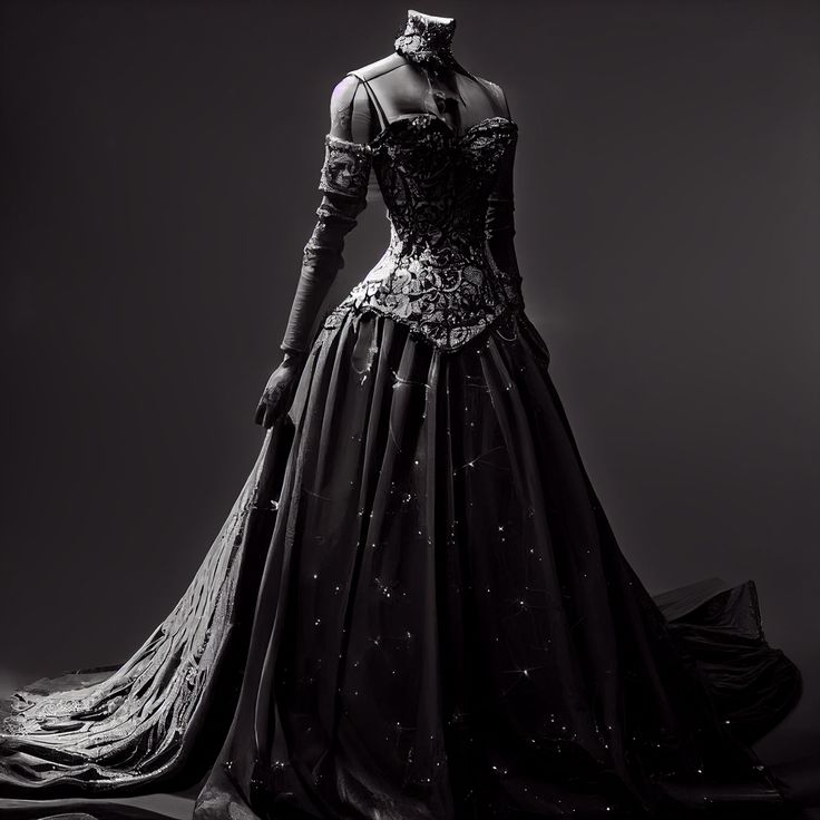 Black And Silver Fantasy Dress, Black Fantasy Dress Queens, Masquerade Ball Gowns Black, Dark Ball Gowns, Fantasy Dress Queens, Ball Gown Aesthetic, Winter Masquerade, Black Fantasy Dress, Westeros Fashion