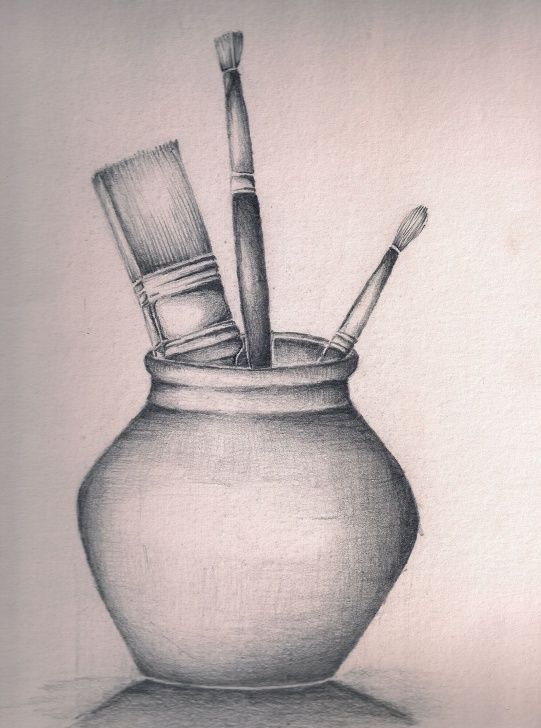 a pencil drawing of a jar with two brushes in it