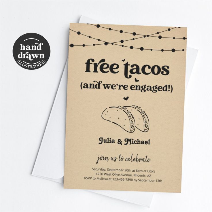 a card with the words free tacos and we're engaged written on it