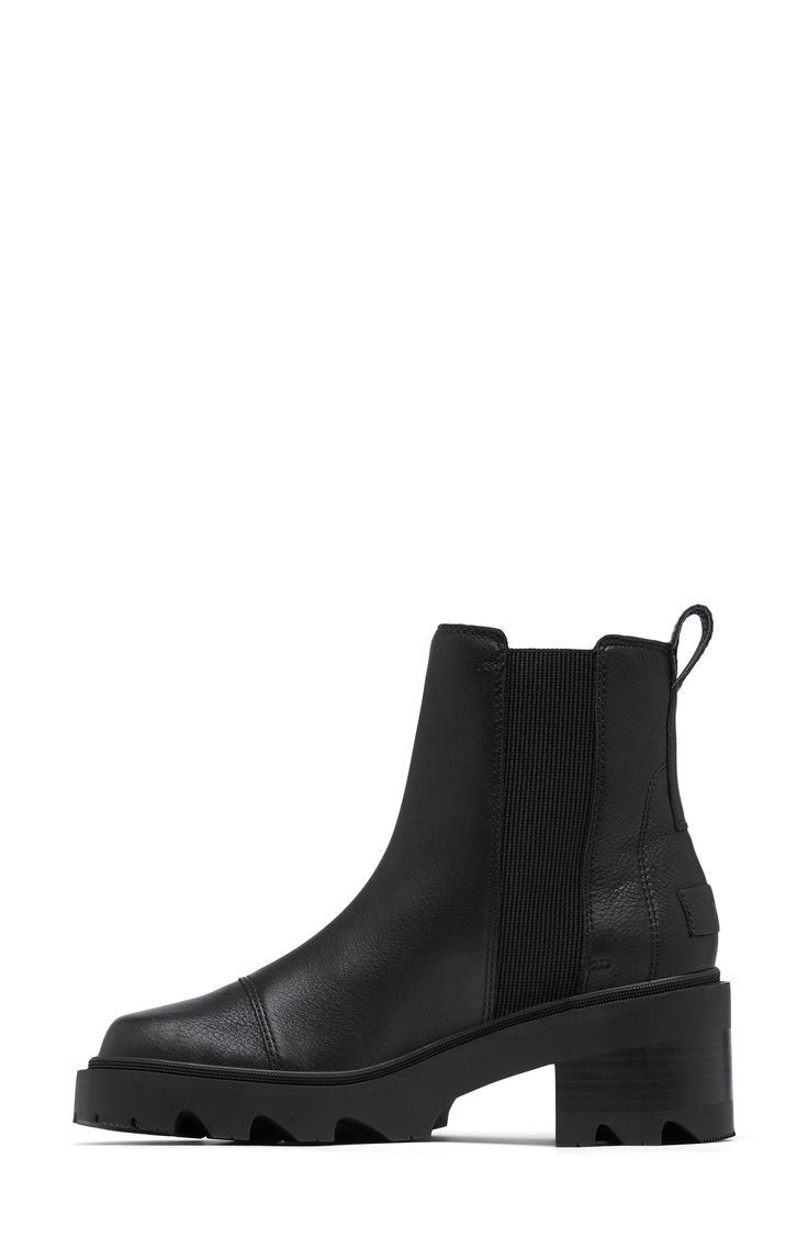 An essential Chelsea boot with a sleek, waterproof leather upper and lug sole can easily be styled up or down to match your mood. Waterproof: protects against rain, puddles and slush to keep feet dry in wet conditions 2 1/4" heel; 3/4" platform (size 8.5) 5 3/4" shaft Pull-on style with elastic gore insets Removable insole Leather and textile upper/textile and synthetic lining/rubber sole Imported Winter Everyday Ankle Boots, Everyday Ankle Boots For Winter, Everyday Winter Ankle Boots, Waterproof Moto Boots With Round Toe For Fall, Modern Black Platform Boots For Fall, Everyday Waterproof Boots For Fall, Everyday Waterproof Fall Boots, Fall Boots With Lug Sole For Everyday Use, Fall Weatherproof Leather Combat Boots