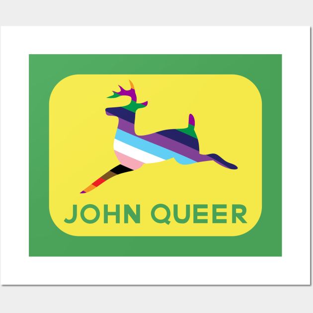 a colorful deer with the word john queen on it's chest, in green and yellow