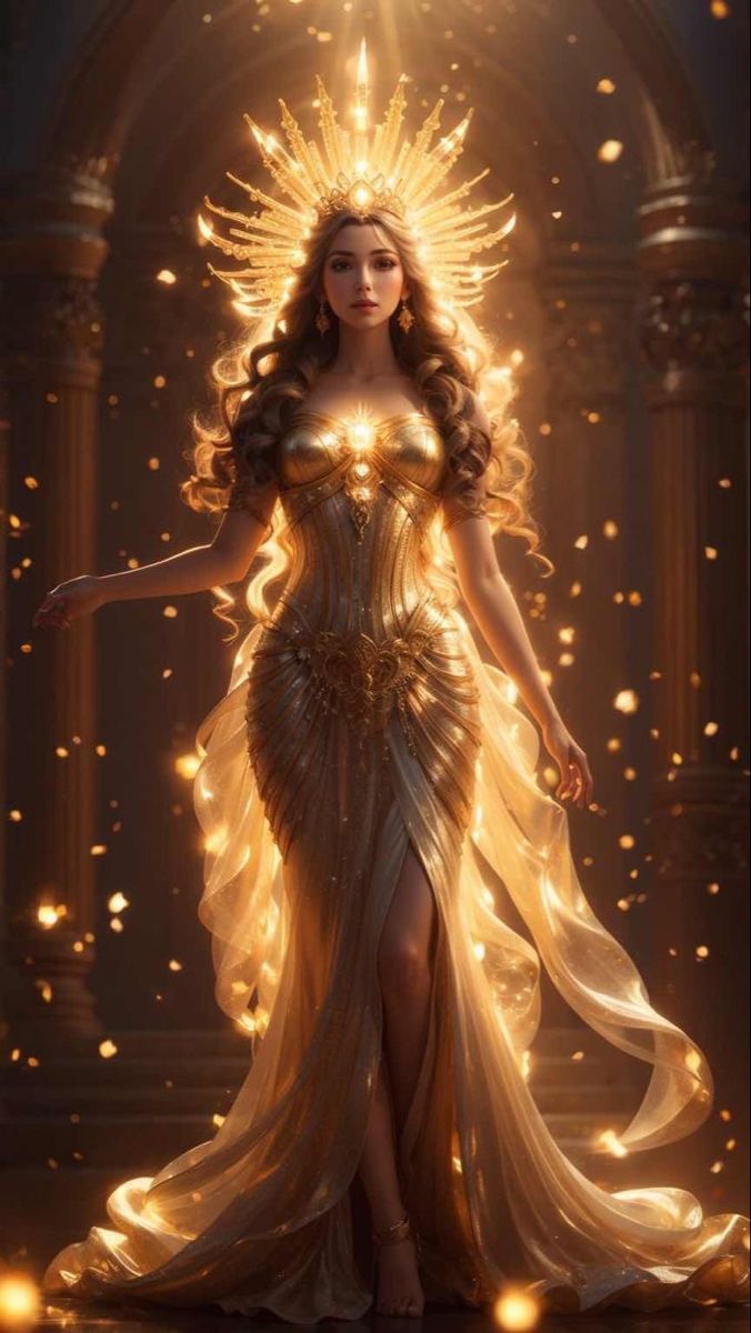 a woman in a gold dress with lights around her