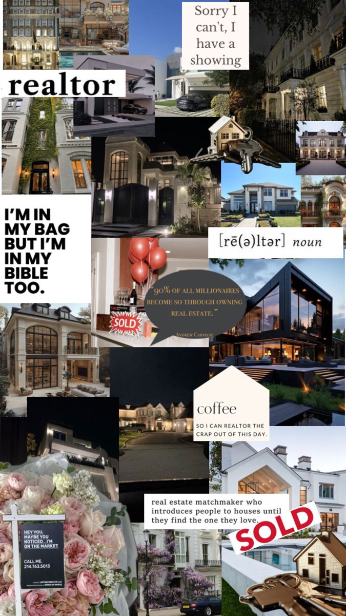 a collage of real estate pictures and words