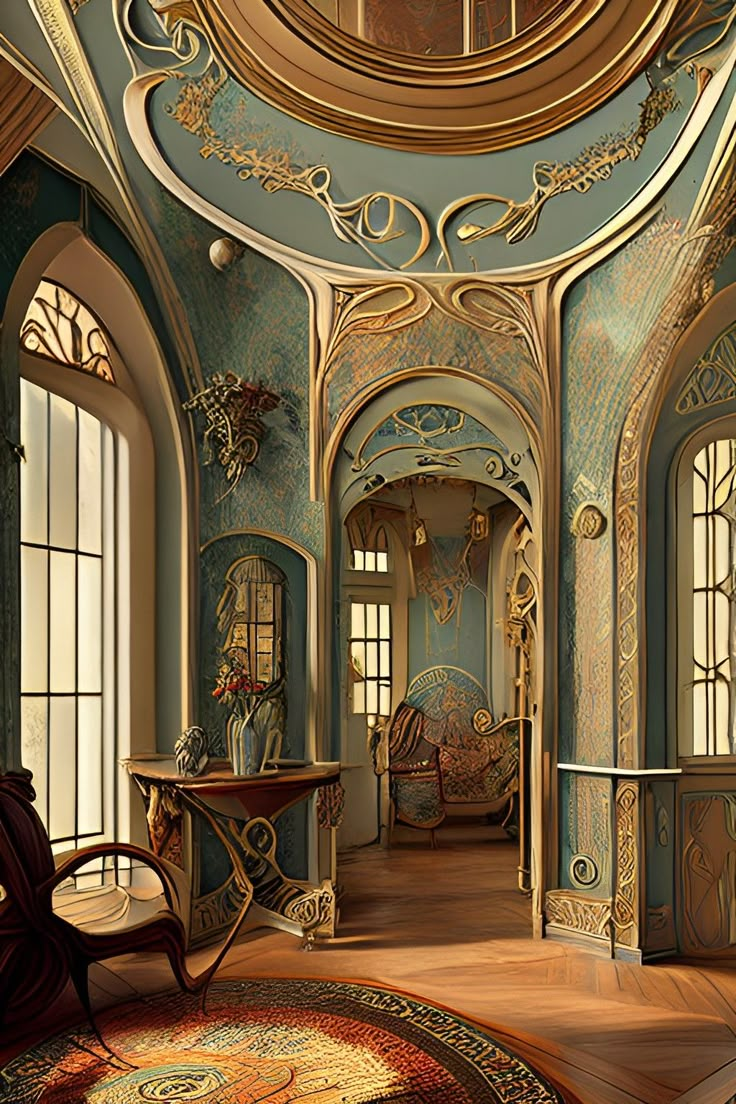 an ornately decorated hallway with arched doorways and large windows, painted in blue and gold