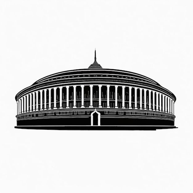 a black and white drawing of a building with columns on the roof, against a white background