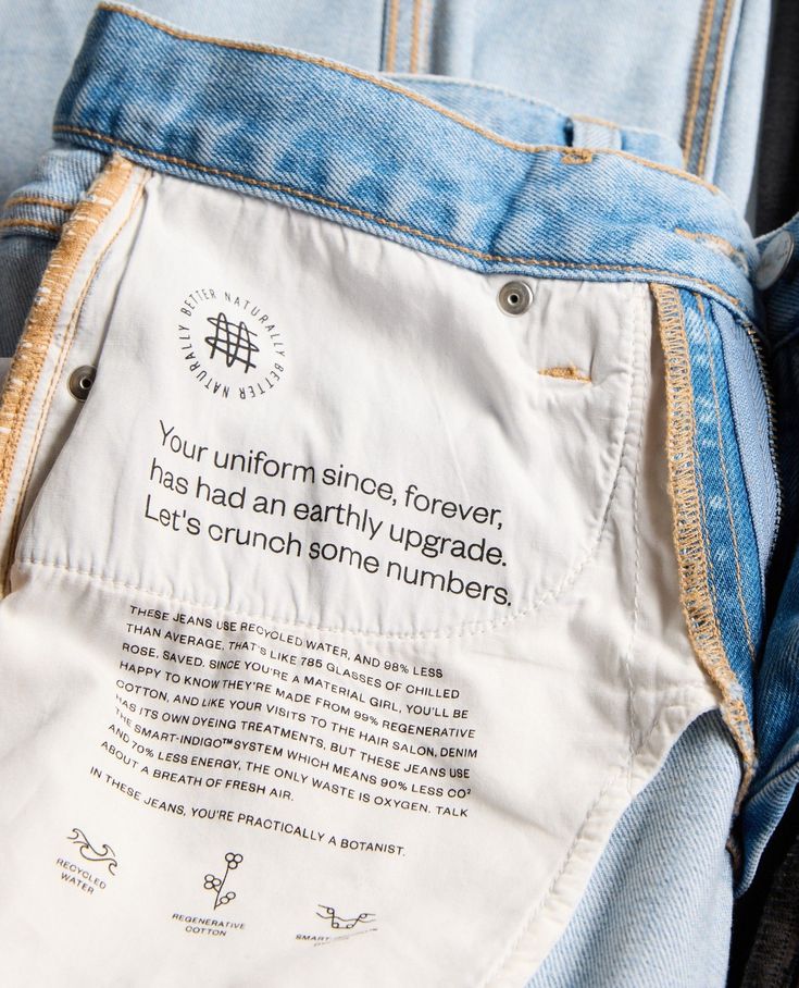 the back pocket of a pair of jeans with an information card printed on it that says, your uniform since forever has had an early upgrade