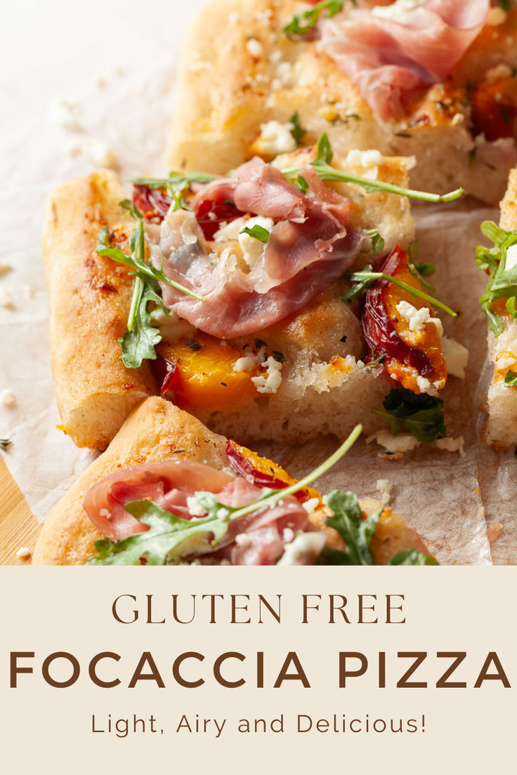 a close up of a slice of pizza on a plate with text that reads gluten free focaccia pizza light, air and delicious