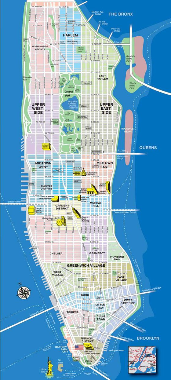 a map of new york city with all the major streets and parks on it's side