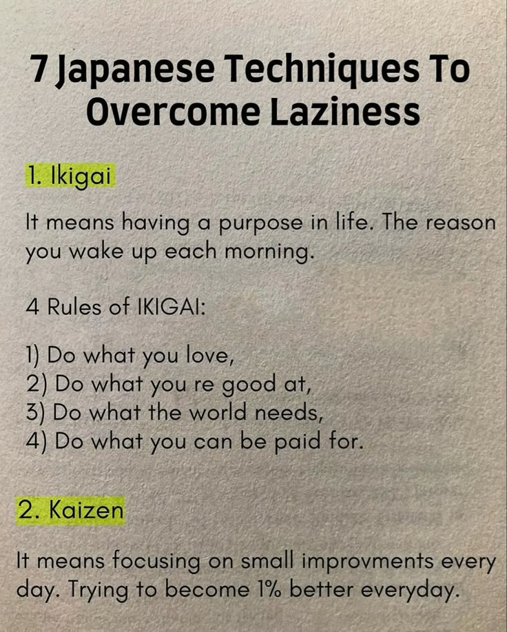 a piece of paper with some writing on it that says 7 japanese techniques to overcome lazyness