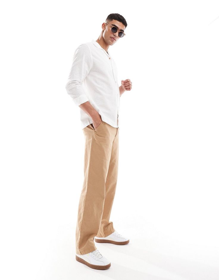 Brown Casual Chinos For Business Casual, Casual Brown Straight Leg Chinos, Casual Brown Cotton Chinos, White Chinos For Business Casual, Brown Relaxed Fit Straight Chinos, White Casual Chinos For Business Casual, Classic Brown Summer Pants, Brown Straight Leg Chinos For Spring, Casual White Chinos For Summer