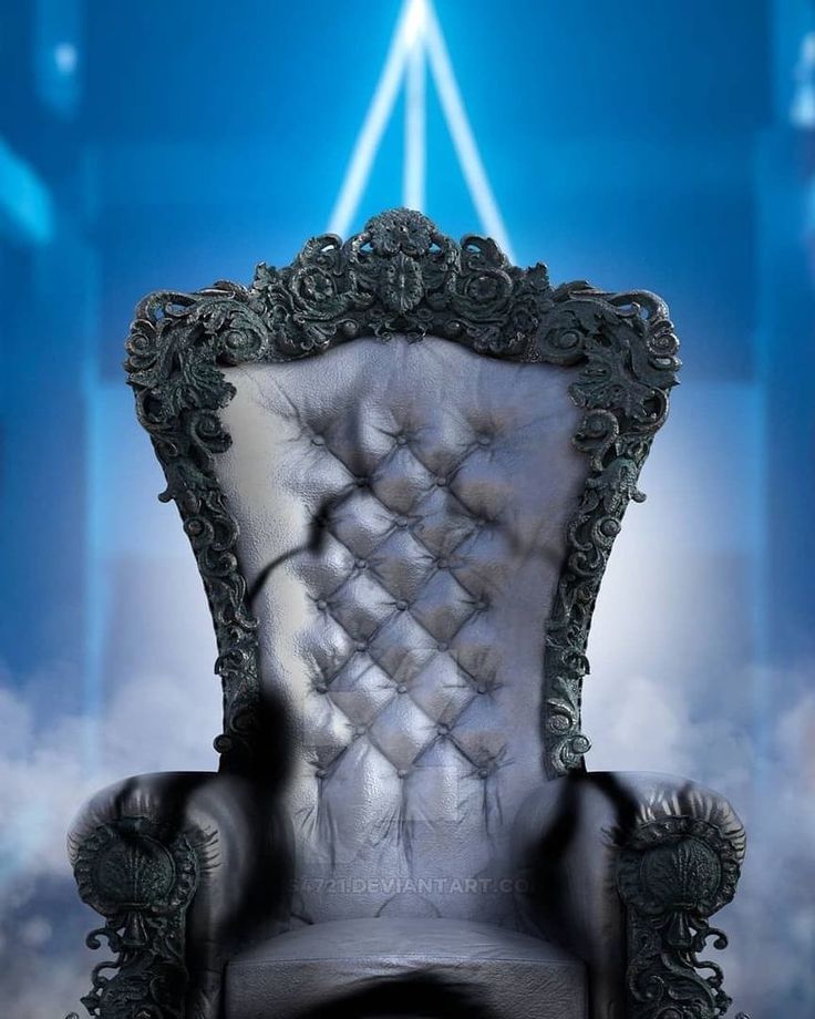 an ornate chair in front of a blue background