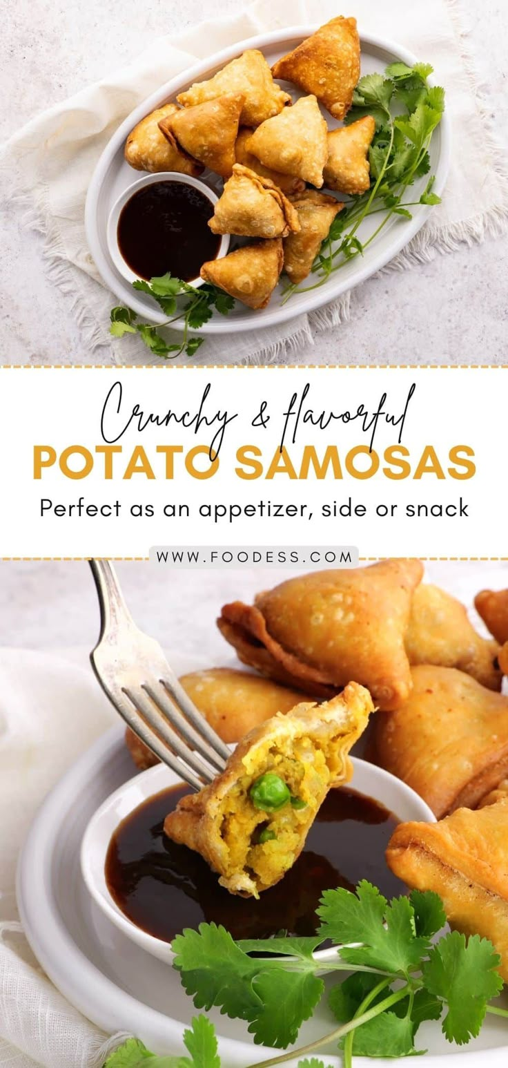 some food is on a white plate with a fork in it and the words potato samosas