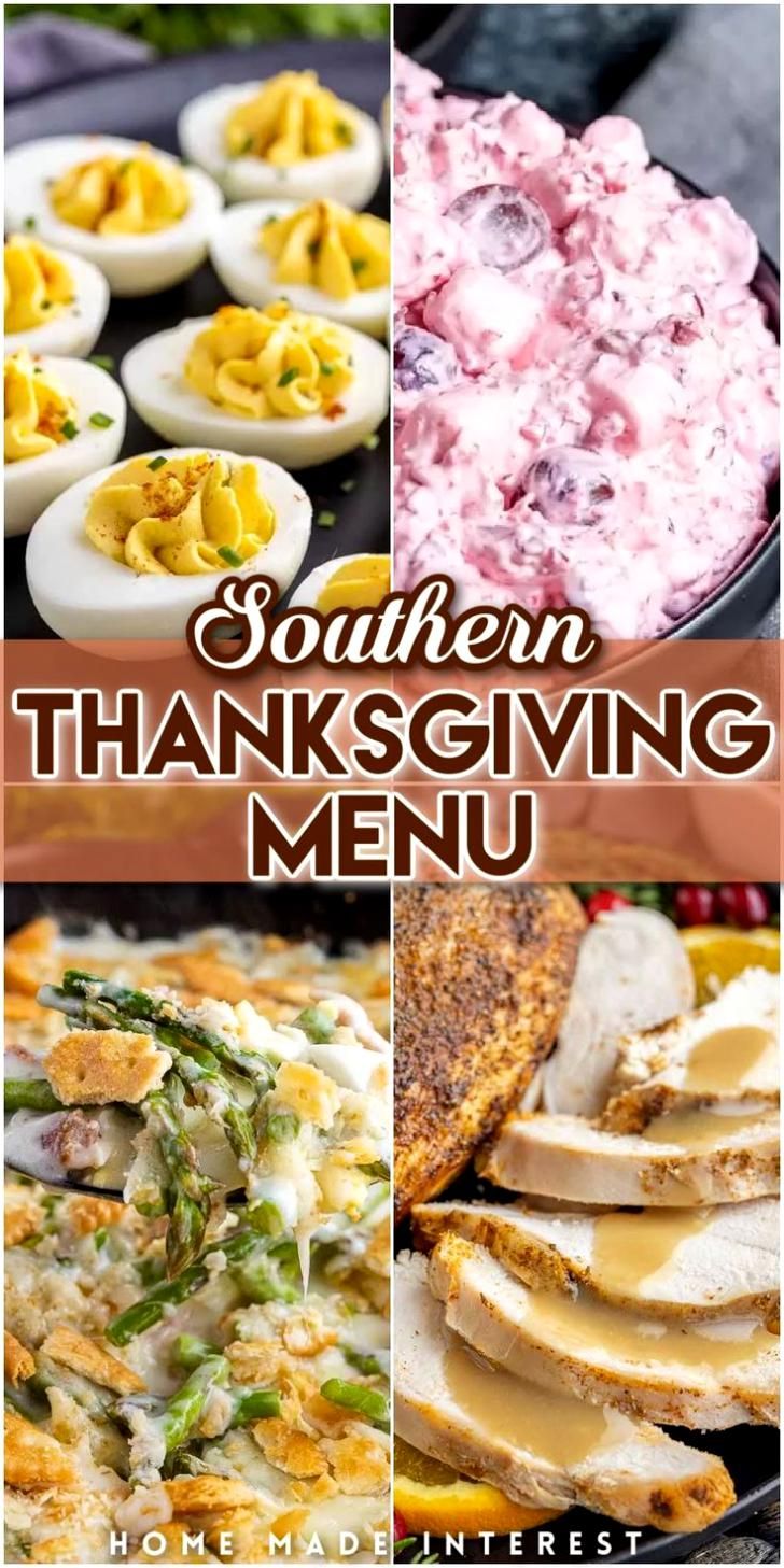 southern thanksgiving menu with images of turkey, cheese and other foods on the table in different dishes