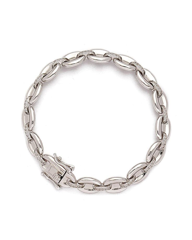 For a smooth and cultured style, choose the Gina Gold Chain Link Bracelet. Made with 14k gold-plated authentic sterling silver, the finish is one that shines with intensity. Chunky, oval-shaped links are connected with clear diamonette bedazzled bands to complete the look. With a double safety clasp to ensure it stays in place, this gorgeous piece exudes opulence for any occasion. By day, it adds a signature touch to your wardrobe while by night, it can bring out the elegance of any understated Classic Diamond Bracelet With Chain, Elegant Cuban Link Sterling Silver Bracelet For Everyday, Elegant Sterling Silver Cuban Link Bracelet With Polished Finish, Elegant Everyday Sterling Silver Cuban Link Bracelet, Elegant Cuban Link Chain Bracelet With Solid Links, Elegant Cuban Link Chain Bracelet With Solid Construction, Classic Link Diamond Bracelet For Anniversary, Everyday Luxury Solid Link Oval Link Bracelet, Timeless Sterling Silver Jubilee Bracelet With Oval Links