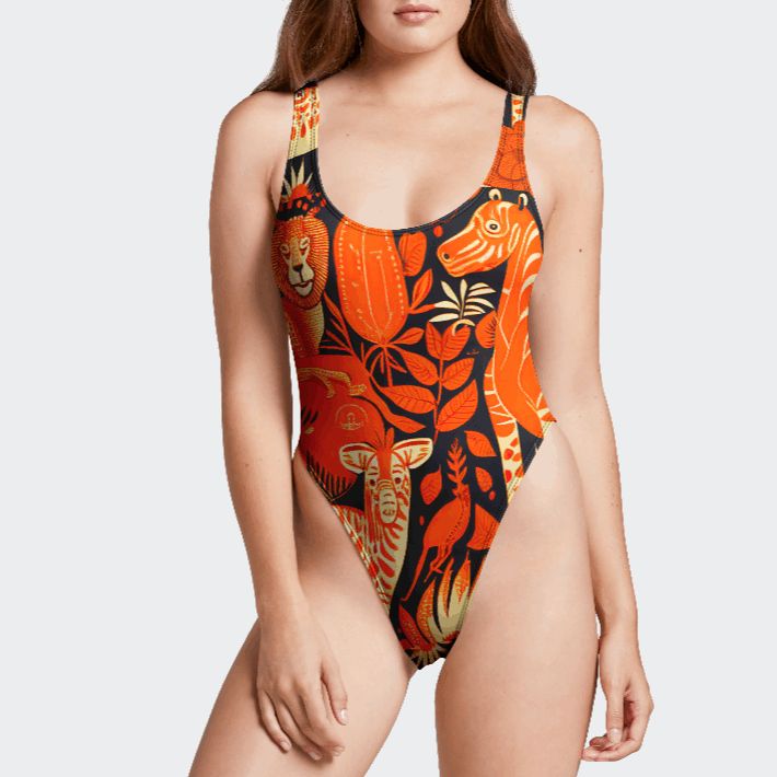 Orange Jungle One-Piece Swimsuit Tropical Vacation One-piece Bodysuit, Tropical One-piece Bodysuit For Vacation, Tropical Printed Bodysuit For Beach Party, Fitted Orange Tropical Print Swimwear, Tropical Sleeveless Bodysuit For Vacation, Tropical Printed Sleeveless One Piece, Tropical Printed Sleeveless One-piece, Printed Tropical Sleeveless One-piece, Printed Sleeveless Tropical One-piece