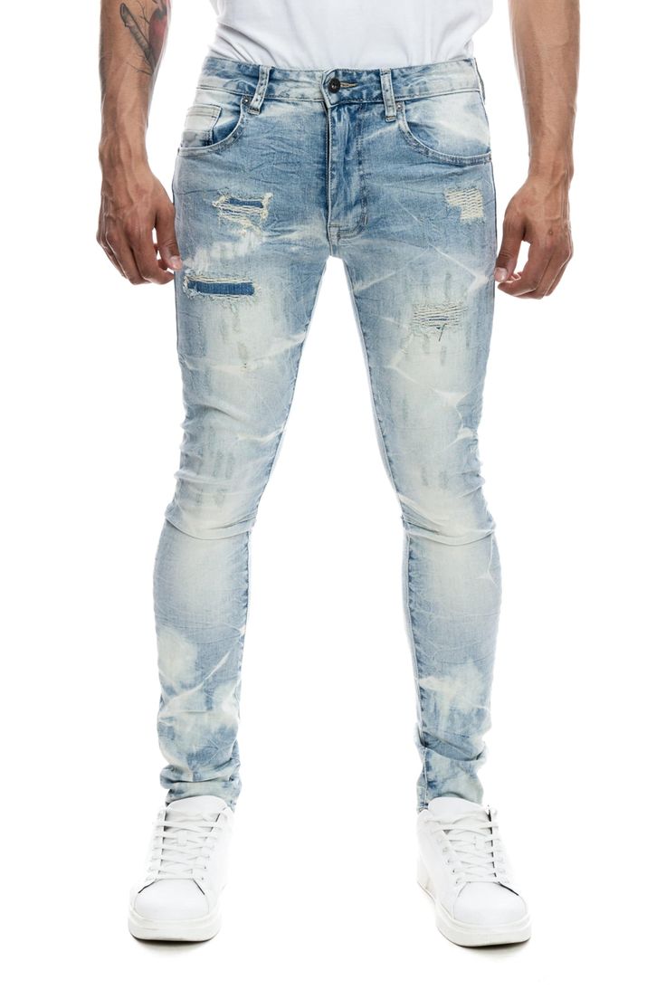 Rip & Repaired Lightning Washed Denim Jeans | SMOKERISENY.COM Fitted Ripped Blue Pants, Fitted Blue Washed Pants, Fitted Blue Ripped Pants, Stretch Ripped Washed Blue Jeans, Fitted Distressed Denim Pants, Rise Logo, Repair Jeans, Silver Button, Silver Buttons