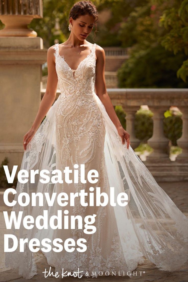 a woman in a wedding dress with the words, versatile convertible wedding dresses