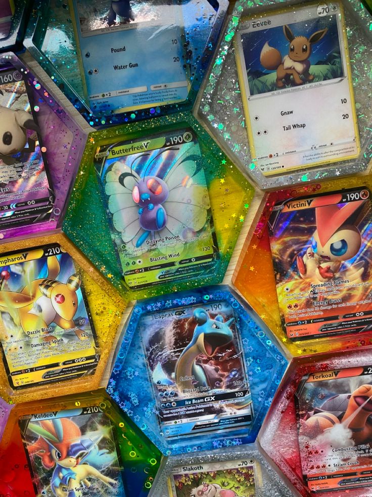 many different pokemon cards are on display