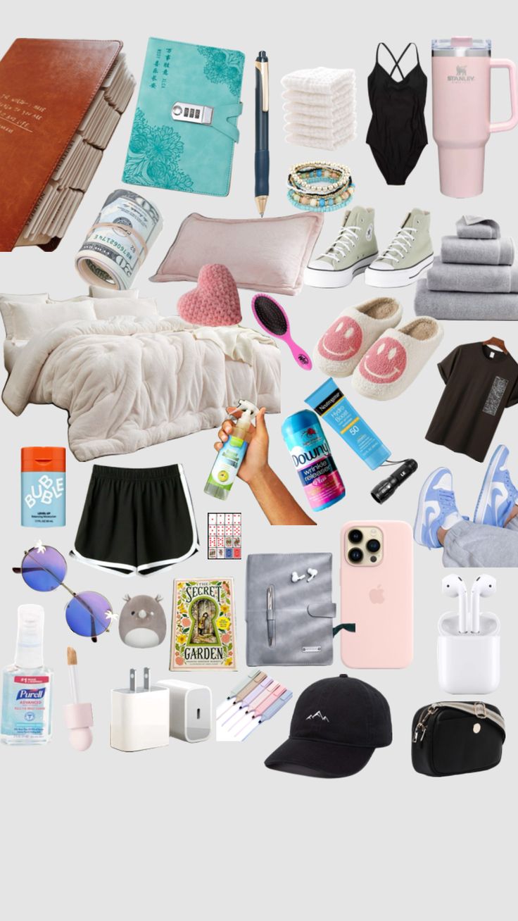 the contents of a woman's purse laid out on a white surface, including clothing, shoes and other items