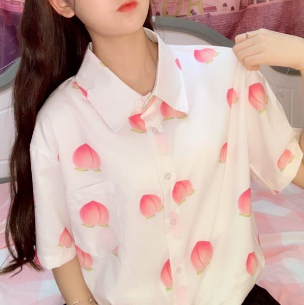 Cute Collared Summer Shirt, Cute Collared Shirt For Summer, Kawaii Style Blouse For Spring, Pink Short Sleeve Shirt With Strawberry Print, Peach Short Sleeve Summer Blouse, Peach Short Sleeve Blouse For Summer, Summer Kawaii Blouse, Pink Strawberry Print Summer Shirt, Cute Strawberry Print Shirt For Spring