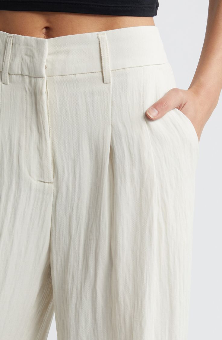 Soft pleats lend graceful movement to these high-waist pants designed with a crinkled texture and flowy wide legs. Zip fly with hook-and-bar closure 55% polyester, 37% viscose, 8% nylon Machine wash, dry flat Imported Off White Wide Leg Pants For Spring, White Wide Leg Viscose Pants, White Wide-leg Rayon Pants, Off White Linen Wide Leg Bottoms, White Viscose Wide Leg Pants, White Rayon Wide-leg Pants, White Viscose Pants For Spring, White Pleated Summer Pants, Summer White Pleated Pants