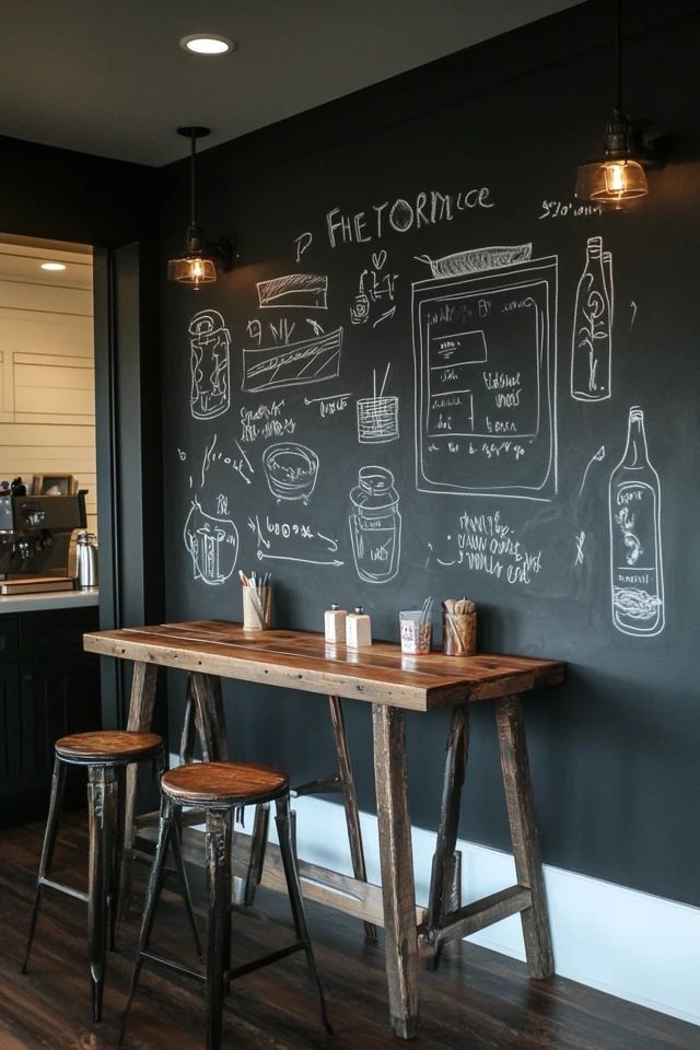 the chalkboard is written on the wall behind two stools