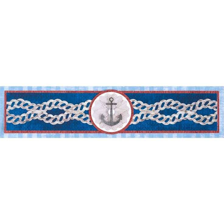 an anchor on blue and red ribbon with white braiding around the edges, is shown