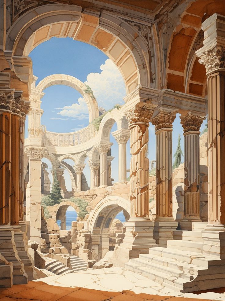 an artist's rendering of the interior of a building with columns and arches in it