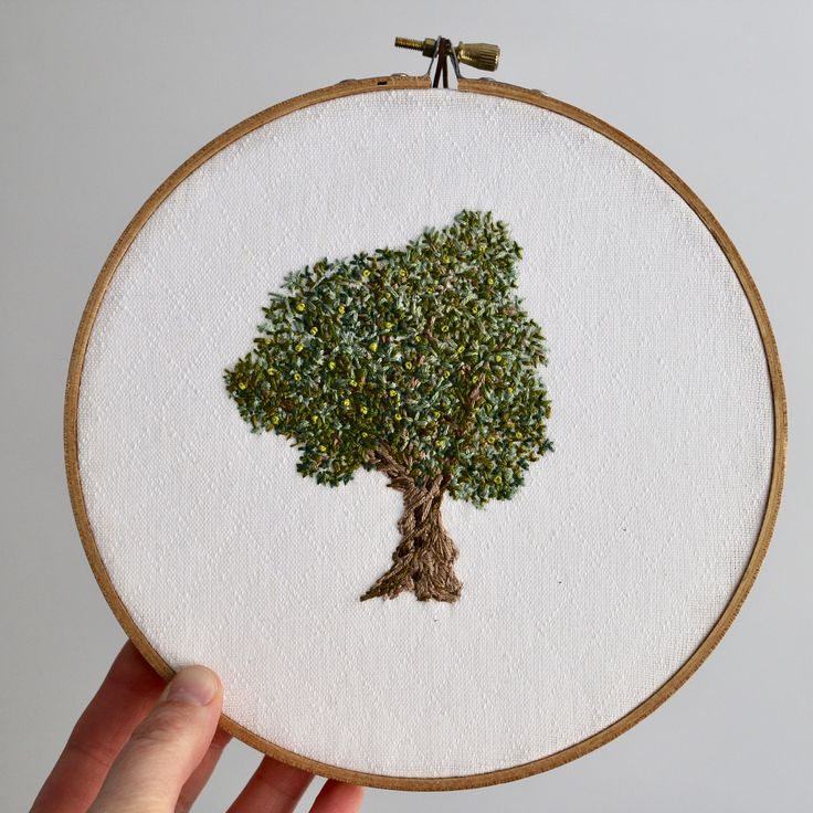 a hand is holding up a small embroidery art piece with a tree on it's side