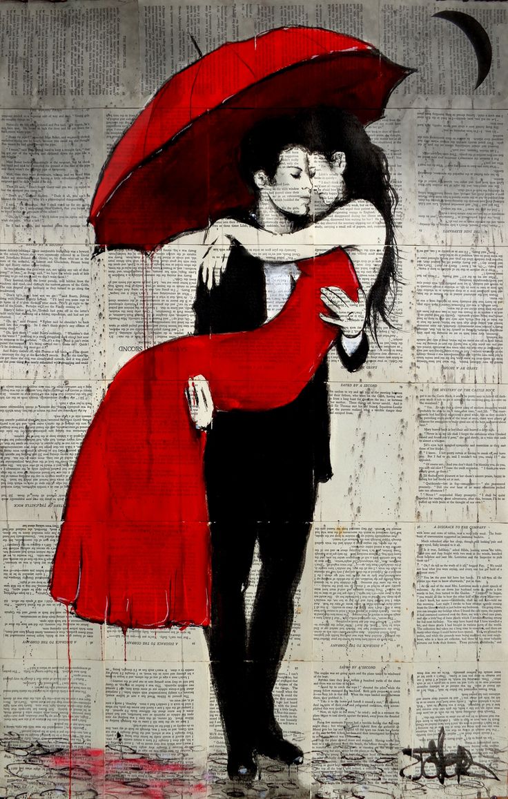 a painting of a man and woman hugging under an umbrella in the rain with newspaper pages behind them