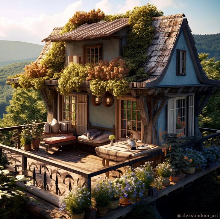 a house with lots of plants growing on the roof and windows, in front of mountains