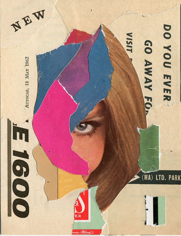 a collage of torn paper with a woman's face