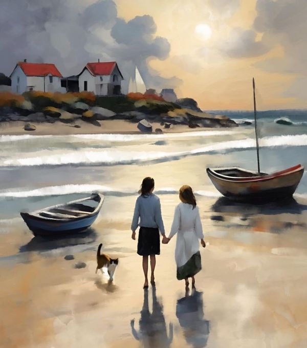 two people and a dog walking on the beach with boats in the water behind them