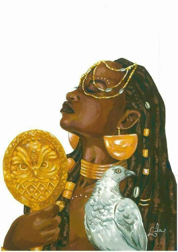 a painting of a woman holding a bird in her right hand and wearing gold jewelry