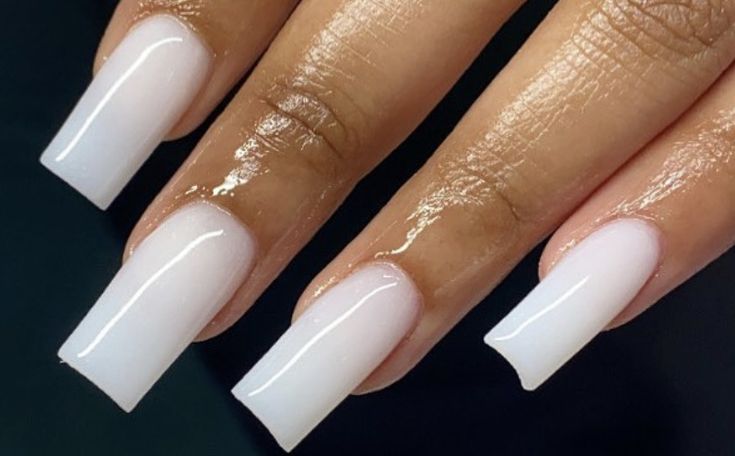 Milky Tapered Square Nails, Medium Length Milky White Acrylic Nails, Pure White Nails Acrylic, Milky White Medium Nails, Medium Length Milky White Nails, White Nails Glossy, Nails White Cream, Plain Milky White Nails, Nutty White Acrylic Nails