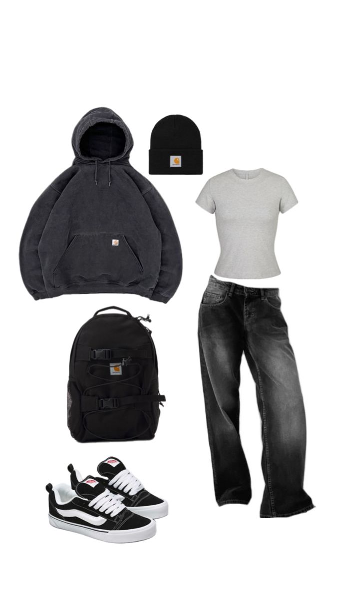 back to school, carhartt, outfit, school outfit, jeans, vans outfit, vans Jeans Vans Outfit, Carhartt Hoodie Outfit, Fits With Vans, Carhartt Outfit, Black Hoodie Outfit, Outfit Vans, Street Style Outfits Casual, Mode Ulzzang, Outfit School