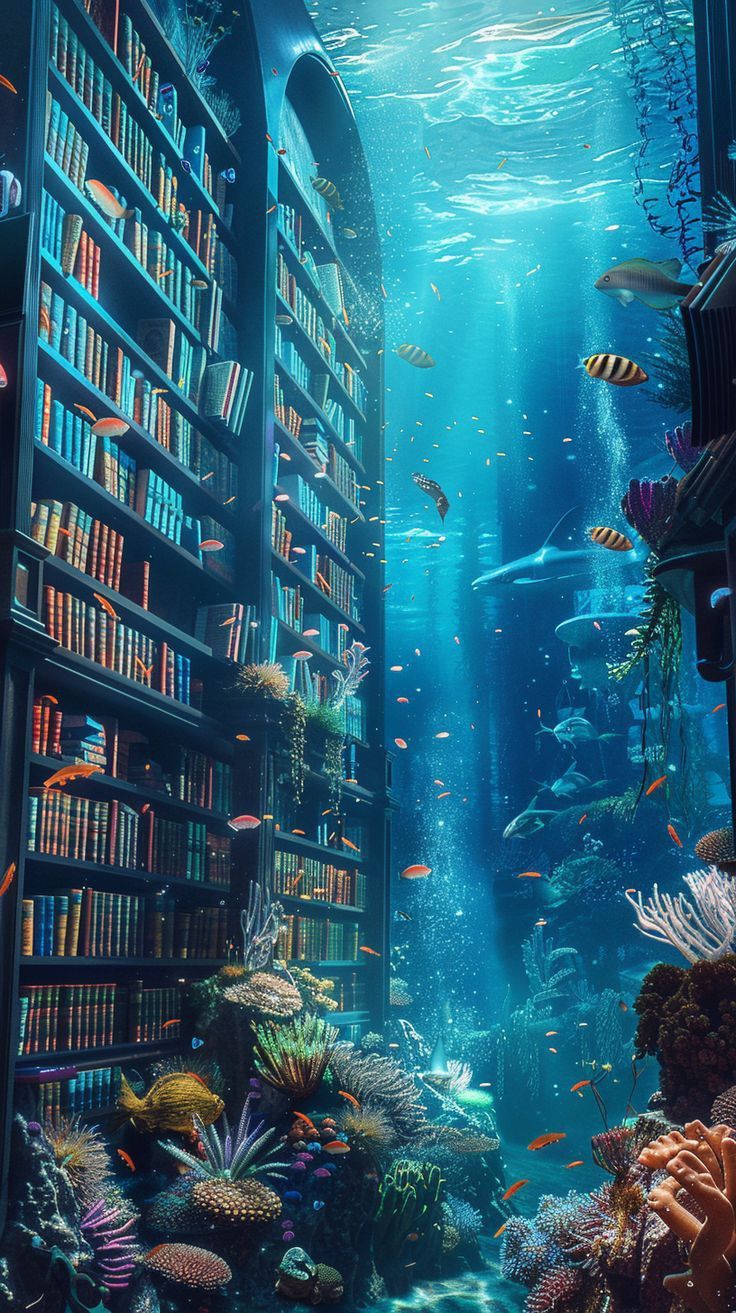 an underwater library with many bookshelves and fish in the water, surrounded by corals