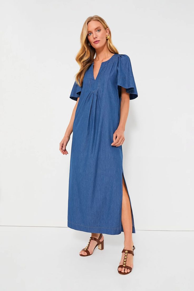 Denim Finley Flutter Sleeve Maxi Dress | Pomander Place Spring Casual Maxi Dress With Butterfly Sleeves, Casual Ruffle Sleeve Maxi Dress For Vacation, Casual Spring Maxi Dress With Butterfly Sleeves, Relaxed Fit V-neck Maxi Dress Unlined, Relaxed Fit V-neck Unlined Maxi Dress, Relaxed Fit Unlined V-neck Maxi Dress, Relaxed Fit Unlined Maxi Dress With V-neck, Billowy Casual Maxi Dress For Daywear, Casual Billowy Maxi Dress For Daywear