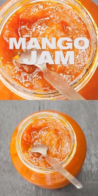 an orange jam in a glass jar with spoons on the top and below it