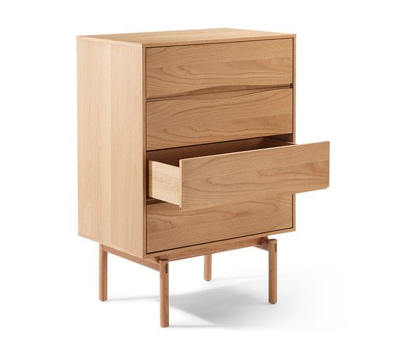 a wooden cabinet with two drawers on one side and an open drawer on the other