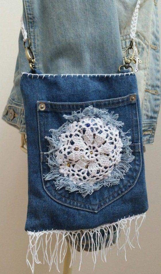 a handbag made from an old pair of jeans with crocheted doily