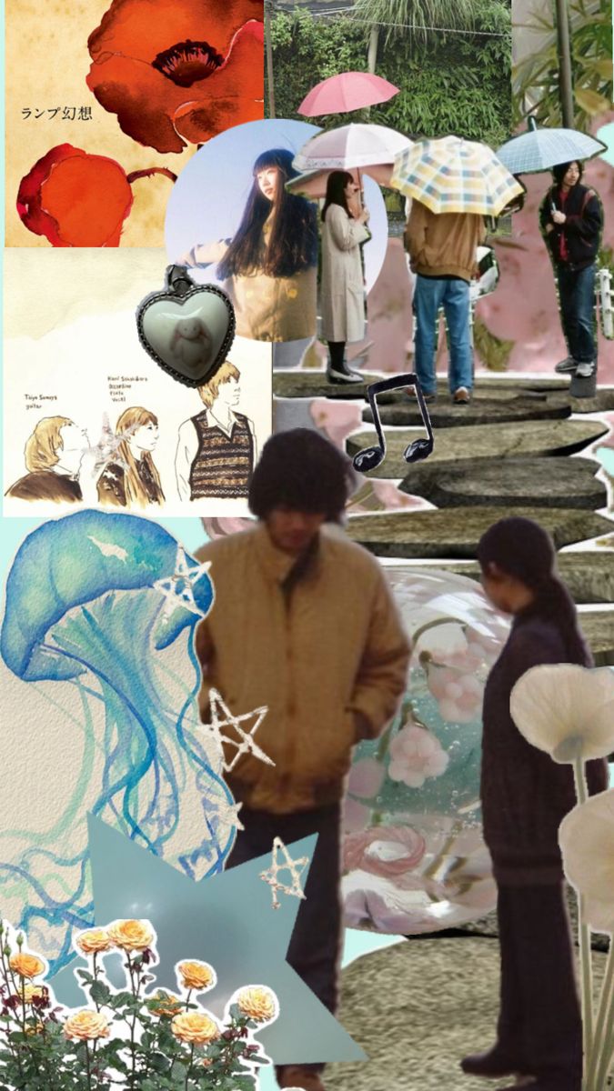 collage of people with umbrellas and flowers in front of them, including an octopus