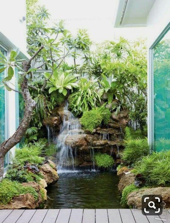 a small waterfall in the middle of a room with wooden flooring and plants around it