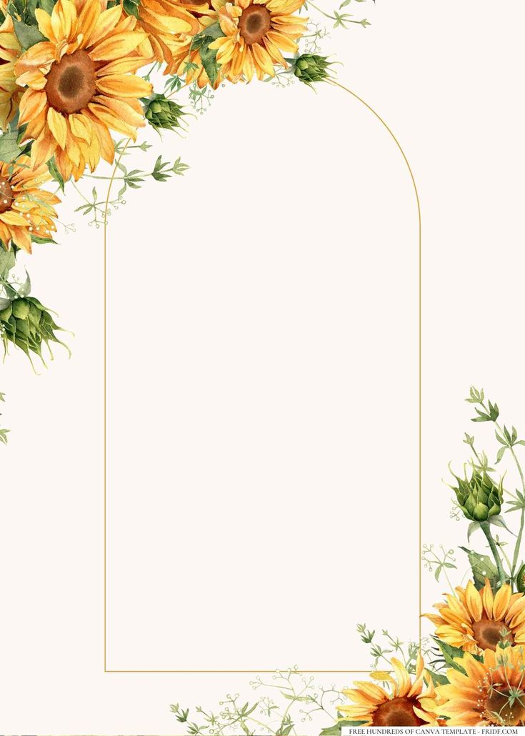 sunflowers and greenery are arranged in the shape of an arch on a white background