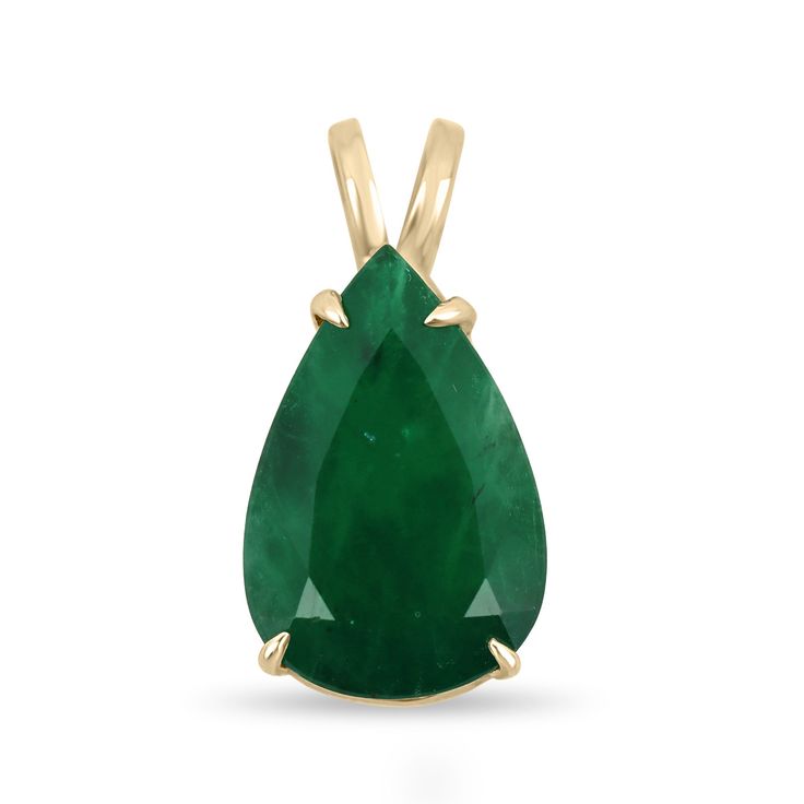 Featured here is a stunning, HUGE pear emerald pendant in fine solid 14k yellow gold. Displayed in the center is a rich dark green emerald set in a gold four-prong classic mount by our master goldsmith Robison. The earth mined, green emerald has a desirable lush green color and substantial RARE size. Stones of this size are red carpet, heirloom-worthy ✨  This emerald is 100% earth mined and is not perfect! Gorgeous flaws are seen within the stone, embrace uniqueness! ( 18 Inch Chain included )  Setting Style: Solitaire - Prong Setting Material: 14K Yellow Gold Gold Weight: 4.4 grams Main Stone: Emerald Shape: Pear Cut Approx Weight: 10.05-carats Color: Rich Dark Green  Clarity: Translucent Luster: Very Good Origin: Brazil Treatment: Natural, Oiling Estimated Retail price is $16,930.00  If Pear-shaped Emerald Necklace, Formal Emerald Teardrop Pendant Necklace, Formal Teardrop Emerald Necklace, Fine Jewelry Emerald Necklace With Pear Gemstone, Fine Jewelry Pear-shaped Emerald Necklace For Anniversary, Pear-shaped Emerald Necklace In Fine Jewelry Style, Fine Jewelry Teardrop Pendant Emerald Necklace For Anniversary, Pear-shaped Emerald Gemstone Necklace, Formal Yellow Gold Emerald Teardrop Pendant Necklace