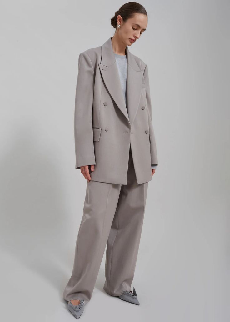 Adair Trousers - Grey – The Frankie Shop Classic Tailored Blazer With Belt Loops, Workwear Pantsuit With Pockets And Suit Collar, Classic Workwear Blazer With Belt Loops, Tailored Office Suits With Pockets, Classic Blazer With Belt Loops For Work, Chic Suits With Welt Pockets And Straight Leg, Classic Office Pants, Tailored Suits With Pockets For Work, Classic Pantsuit With Welt Pockets And Straight Hem